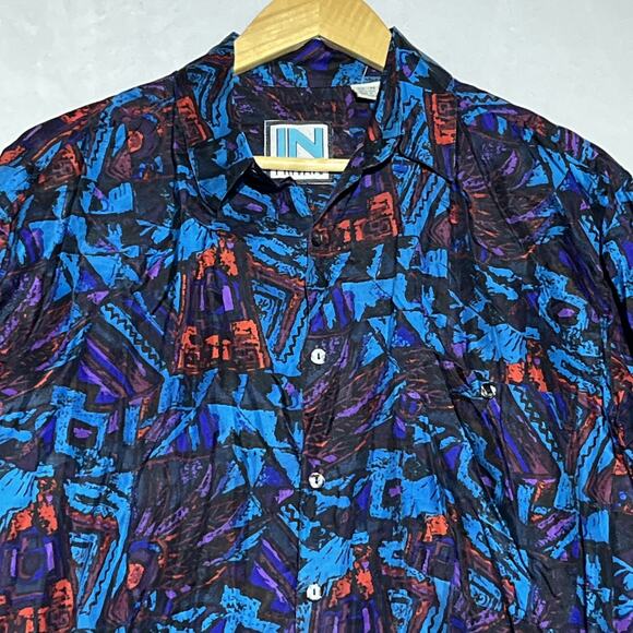 Vintage In Private Mens Long Sleeve Shirt M Silk Blue Abstract Button Up 80s 90s - Picture 3 of 14